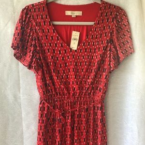 NWT LOFT XSP Red Ikat Tie Waist Flare Dress